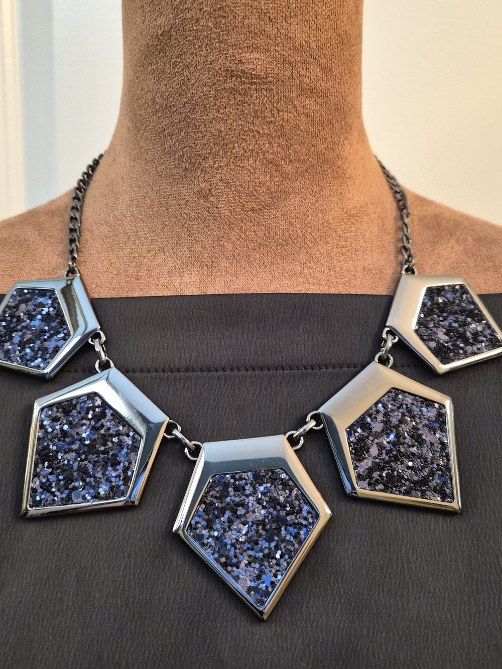 Express Navy Blue Glitter Geometric Bib Statement Necklace Gunmetal Tone Chain